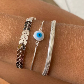 Kit 3 Pulseiras Prata 925 Folheada Pulseira Olho Grego Escama de Peixe e Malha Feminina