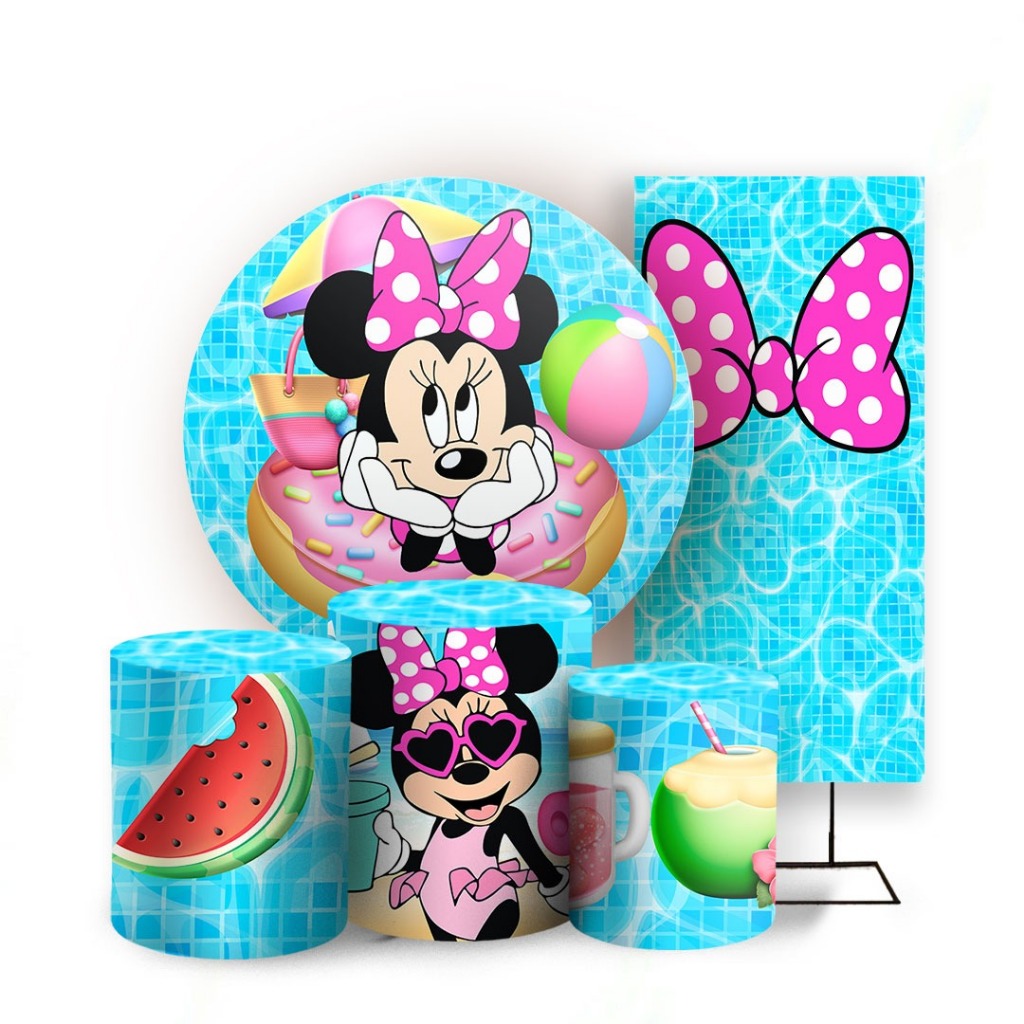PAINEL + CAPAS CILINDRO TECIDO SUBLIMADO MINNIE POOL PARTY em Oferta na Shopee