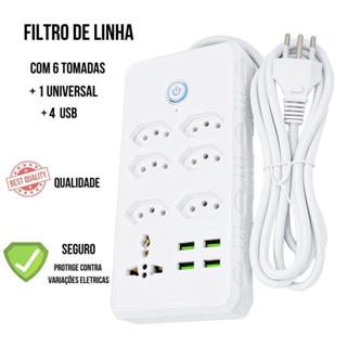Régua Filtro de Linha com 7 Tomadas Extensão Elétrica 1 Universal 4 USB Bivolt 10A 110v/220v Cabo de 2 Metros