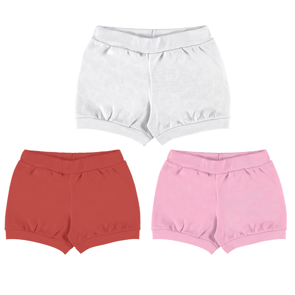 Kit 3 Shorts Bebê Kiko e Kika Bebe Menina Feminino Infantil Bori Baby Short Branco Rosa Vermelho RN P Ref 10266