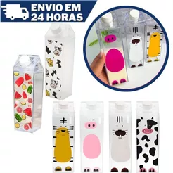 Garrafa Transparente em Formato Caixa Leite Portátil Geladeira 1 Litro