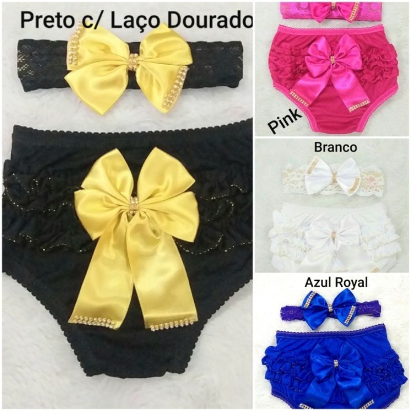 3 Calcinhas Bunda Rica + 3 Faixas renda de cabelo Tapa Fralda Strass Presente Menina