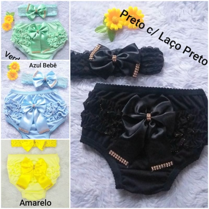 3 Calcinhas Bunda Rica + 3 Faixas renda de cabelo Tapa Fralda Strass Presente Menina em Oferta na Shopee