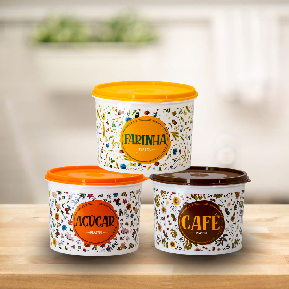 Kit 3 Pote Porta Mantimentos Decorado Estampado 1,8Litros AÇUCAR CAFE FARINHA