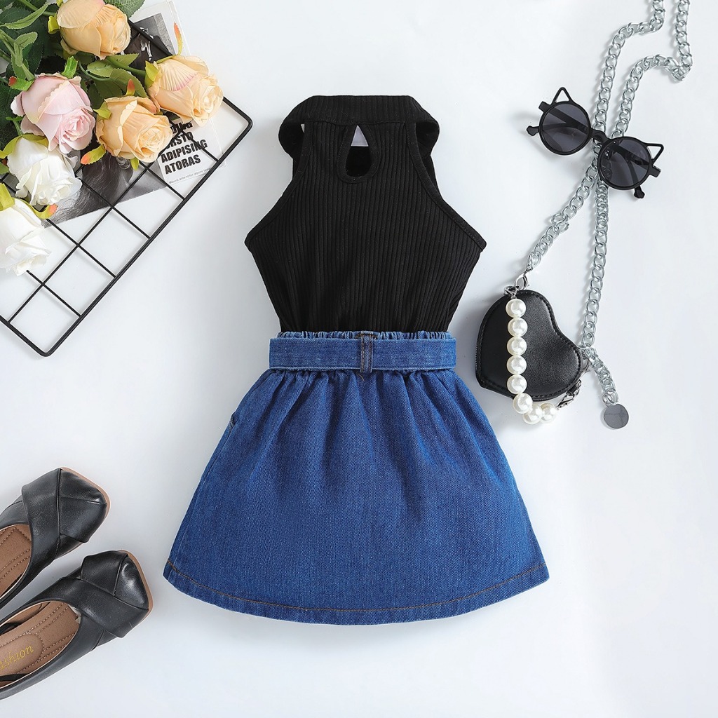 Roupa infantil menina  verão blogueira saia jeans blusa canelada envio imediato .