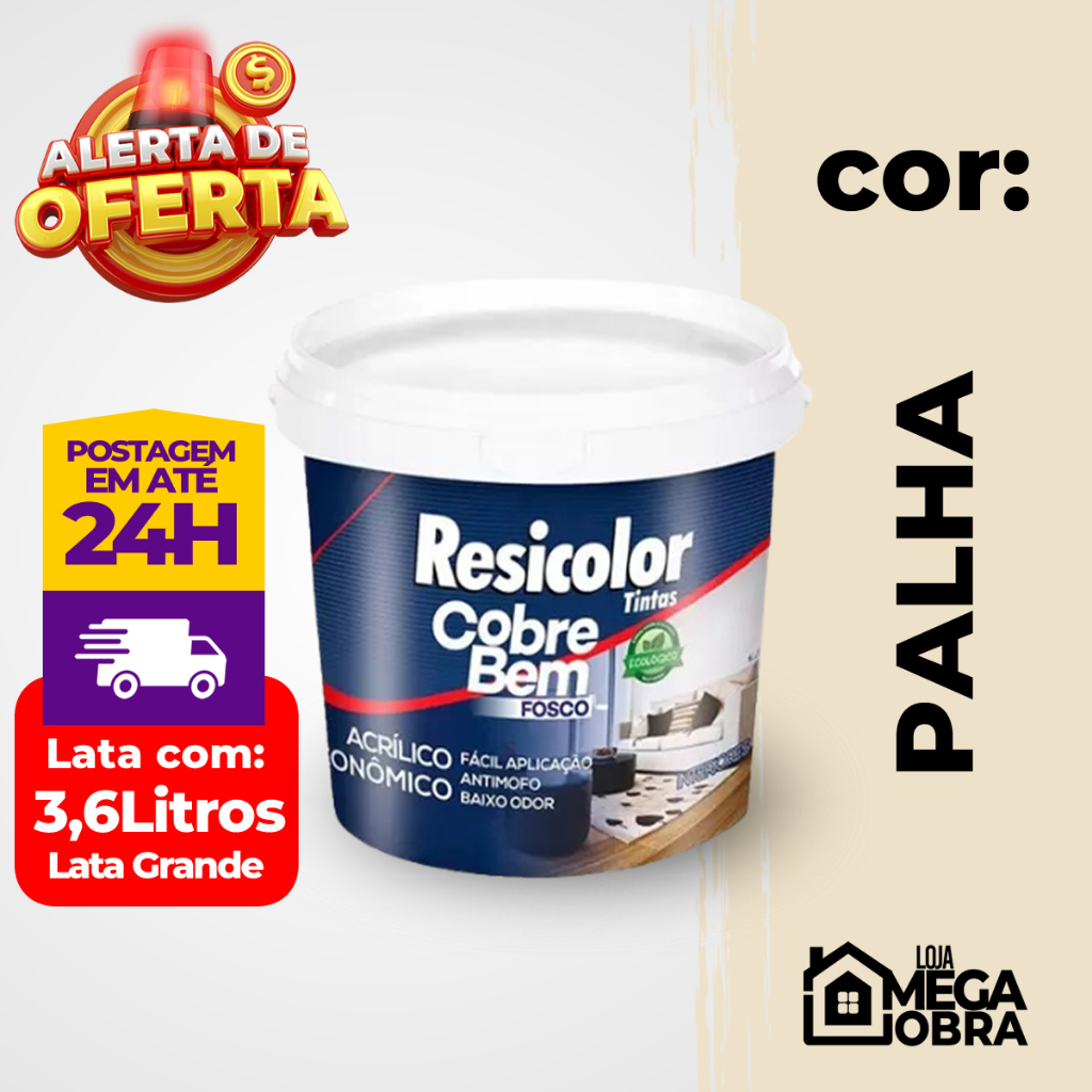 Tinta Acrilica Economica Fosca Cobre Bem para Parede Interna Alvenaria Cor Palha 3,6 Litros Resicolor