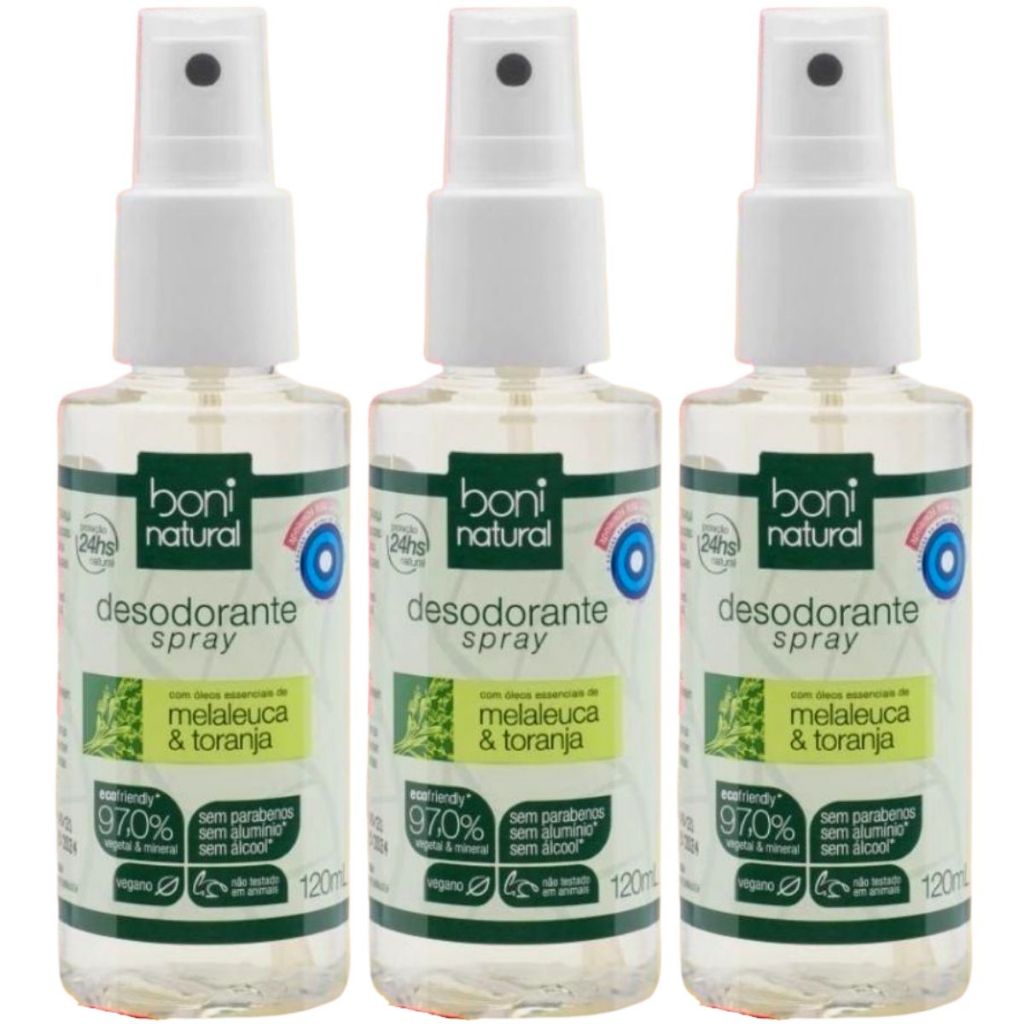 Kit 3 Desodorante Spray Natural Melaleuca e Toranja Vegano 120ml Boni