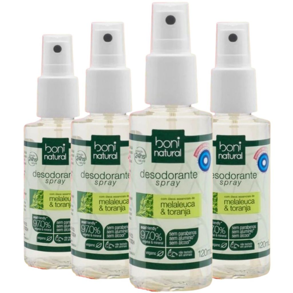 Kit 4 Desodorante Spray Natural Melaleuca e Toranja Vegano 120ml Boni