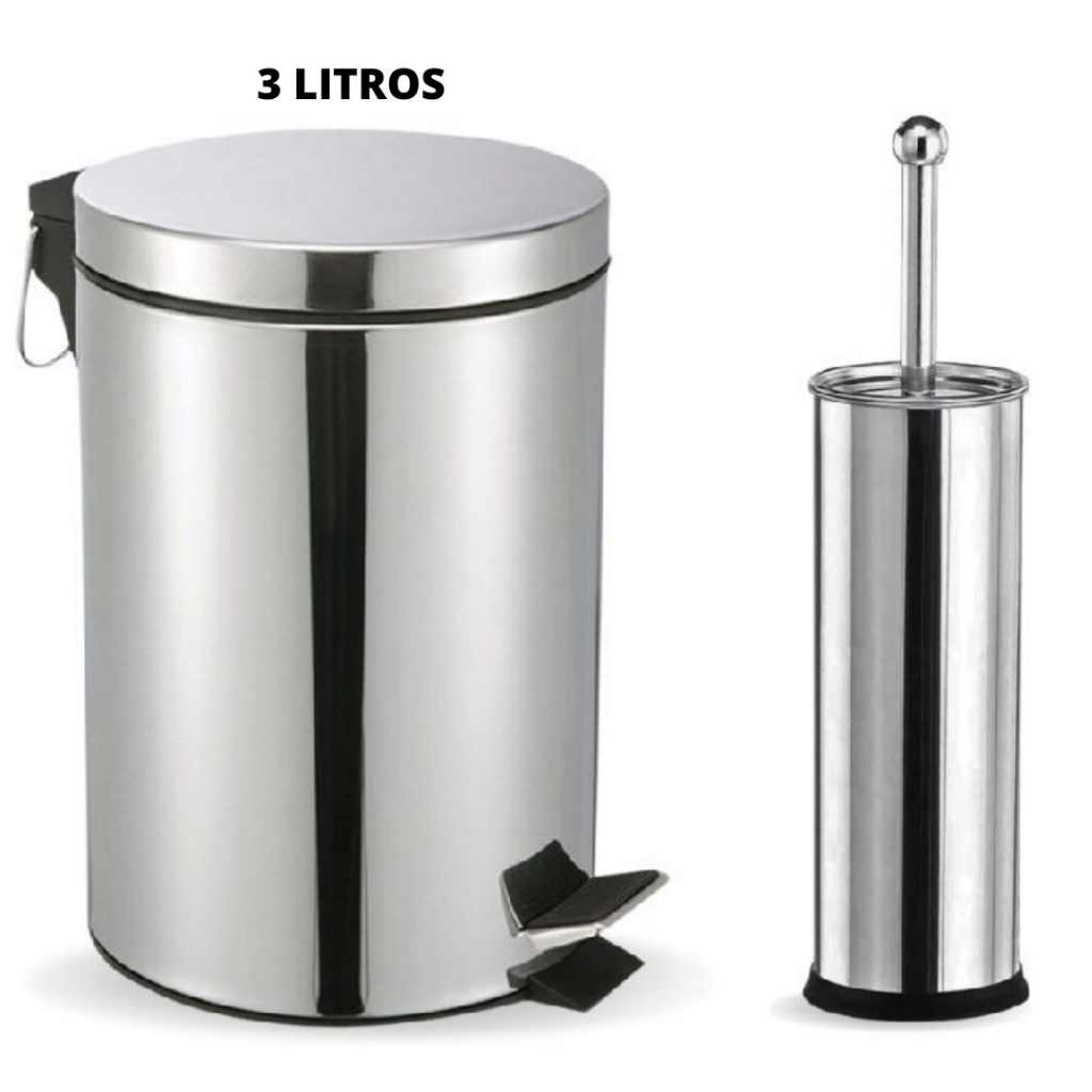 Kit Para Banheiro Lixeira Inox Pequena Com Pedal E Tampa 3 Litros 3L + Escova Sanitária Em Aço Inox