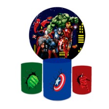 Kit Decorativo Painel Redondo C/ Elástico + Trio Capa Cilindro Vingadores Cidade Veste Fácil Sublimado