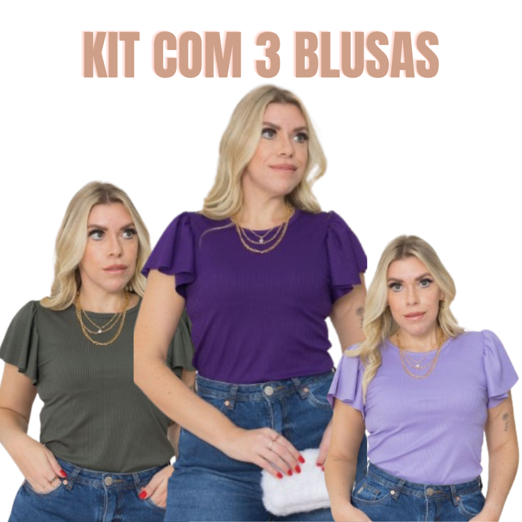 Kit com 3 Blusas de Manga babado de malha canelado