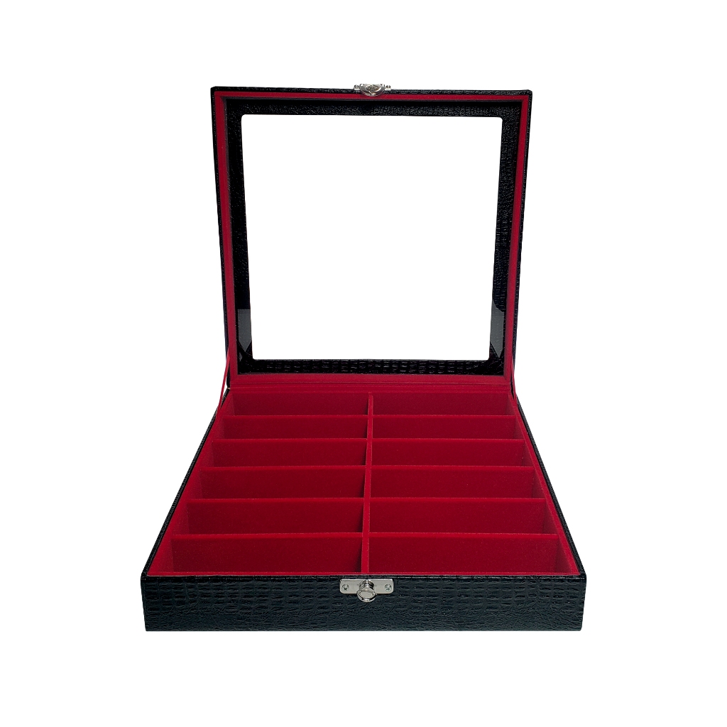 Estojo Porta 12 Óculos Preto Com Interno Vermelho