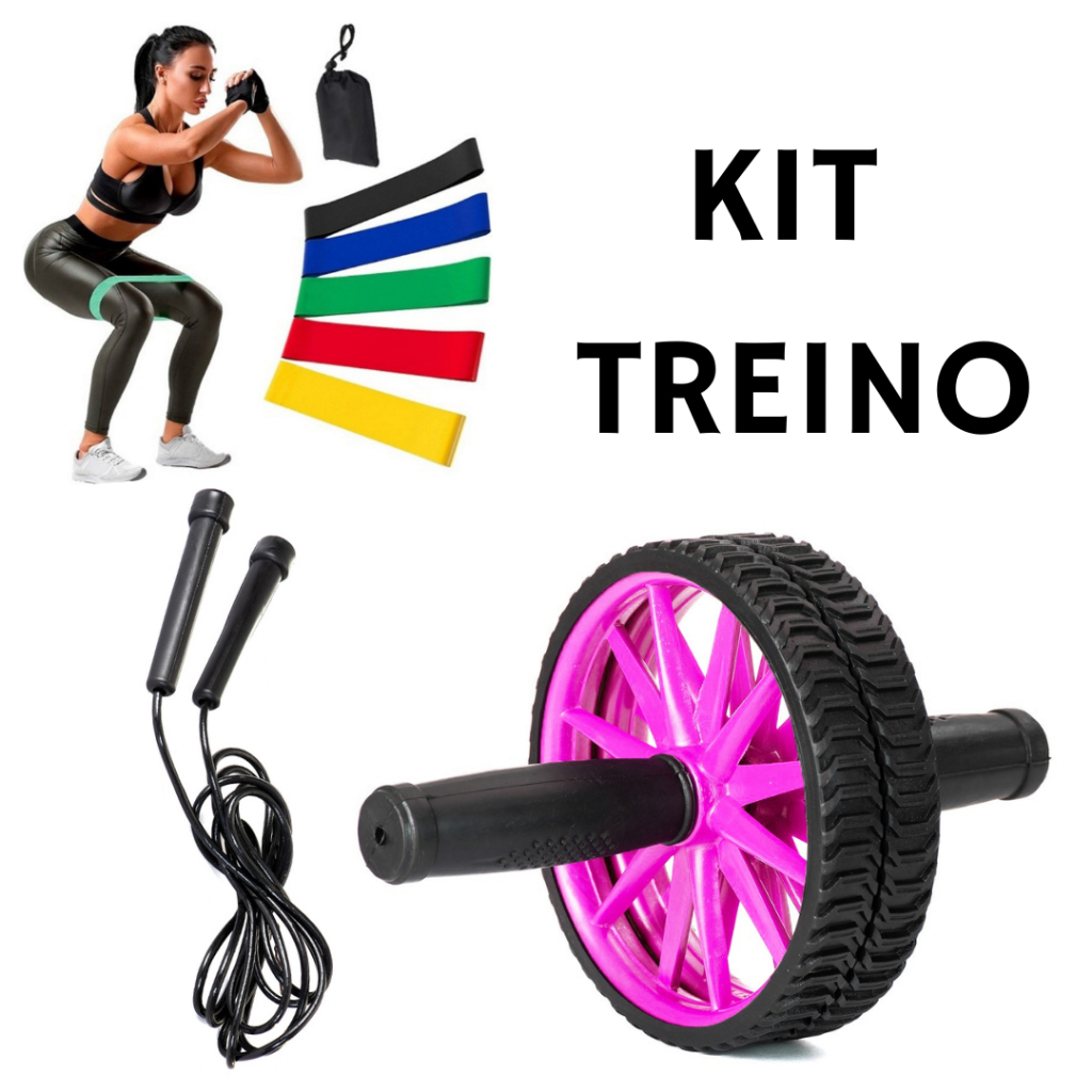 Kit 5 Elástico Treino Mini Band + Corda de Pular PVC+Roda Rolo Rodinha Para Exercícios Abdominal