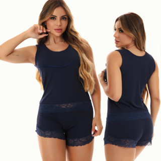 Baby Doll Pijama Feminino Canelado Liso Blusa Regata Confortável