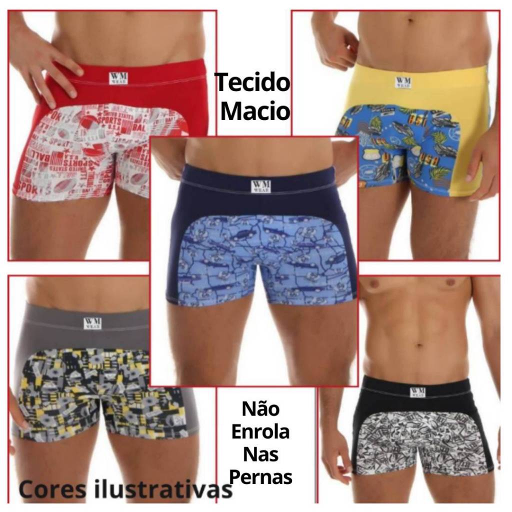 Kit 5 Cuecas Boxer Bicolor Estampada Confortável Não Enrola nas Pernas