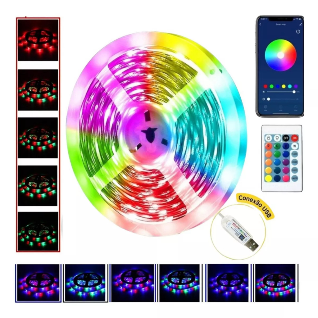 Fita De Led Rgb Rolo USB 66 Leds 5m/10m/20m Com Controle Ou Celular Economica Resistente a água