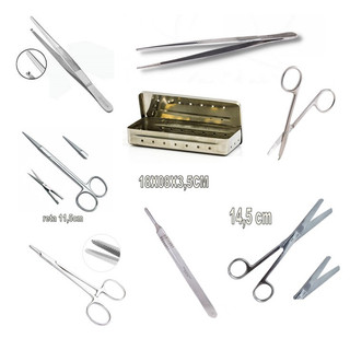 KIT DESSECAÇÃO 8 PEÇAS 1 ESTOJO PERFURADO  1 PINÇA DISSECAÇÃO SERRILHADA  1 PINÇA DENTE DE RATO  1 TESOURA IRIS RT  1 TESOURA PONTA ROMBA  1 PORTA AGULHA  1 CABO DE BISTURI N3 OU N4 1 TESOURA SPENCER