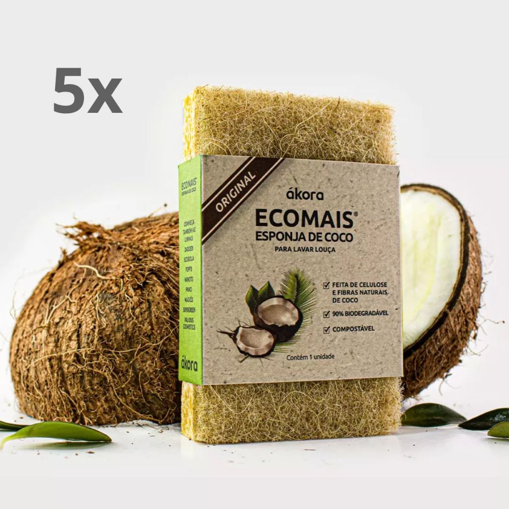 Kit 5 Esponjas de fibra de coco e celulose biodegradável bucha ecológica vegana - Ecomais Ákora