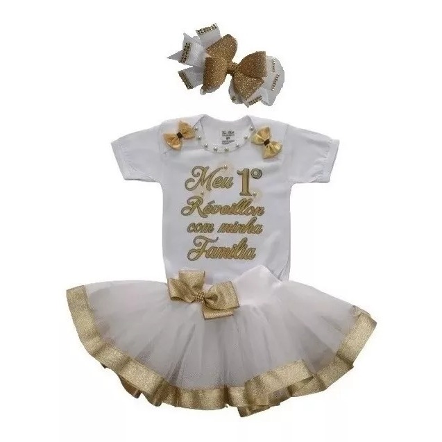 Conjunto Roupa Bebê Meu Primeiro Réveillon Ano Novo Menina Saia Tutu Body e Laço