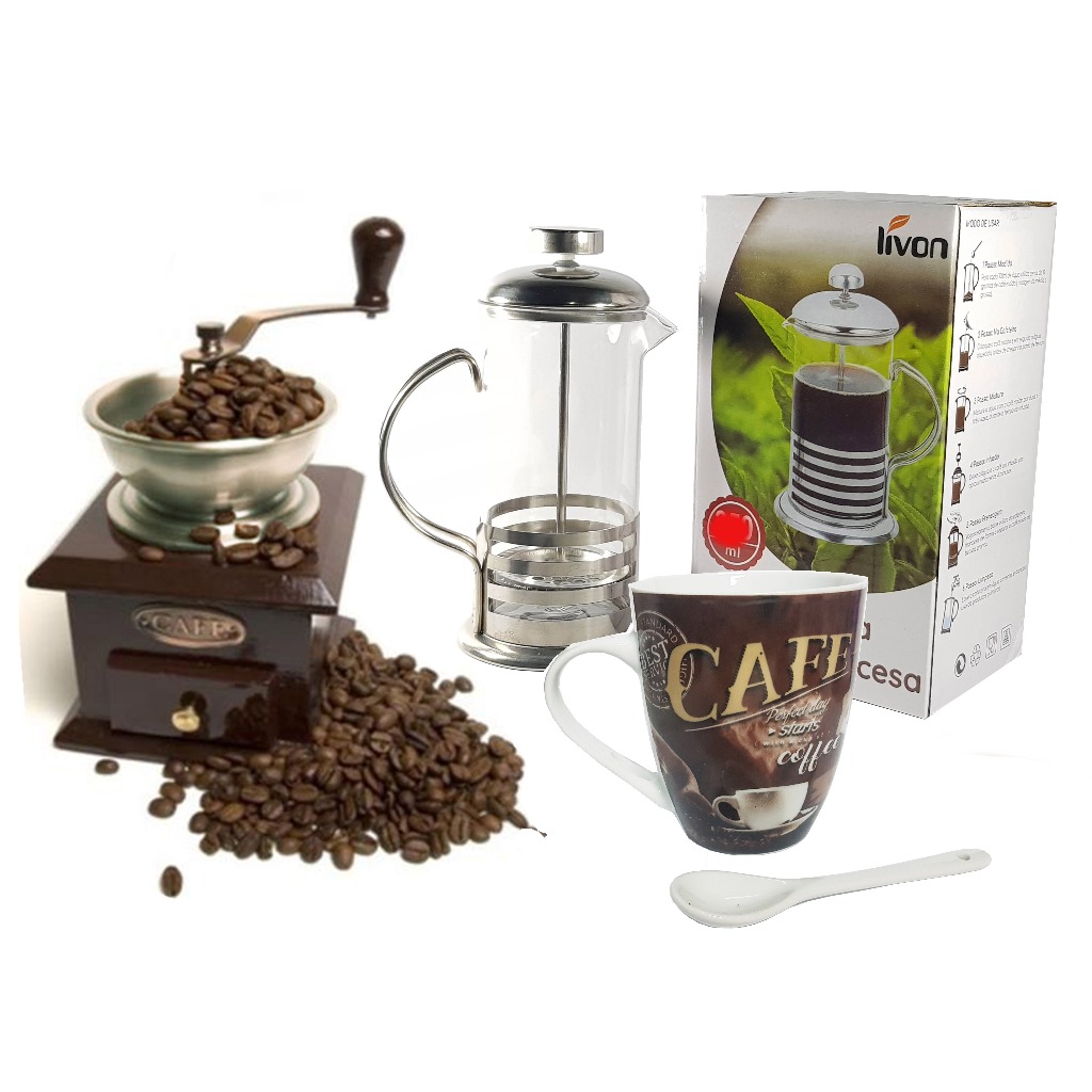 Mini Moedor De Café + Cremeira Cafeteira Francesa + Caneca