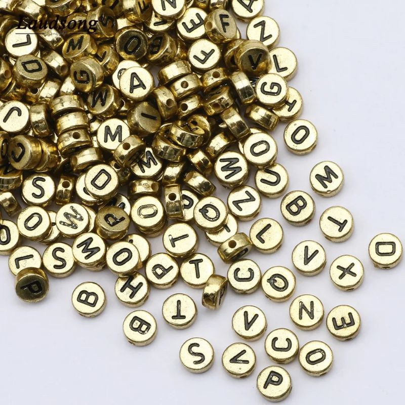 Miçangas de Letras Douradas REDONDA 100/ 200/ 300 peças com furo passante 7mm Artesanato DIY