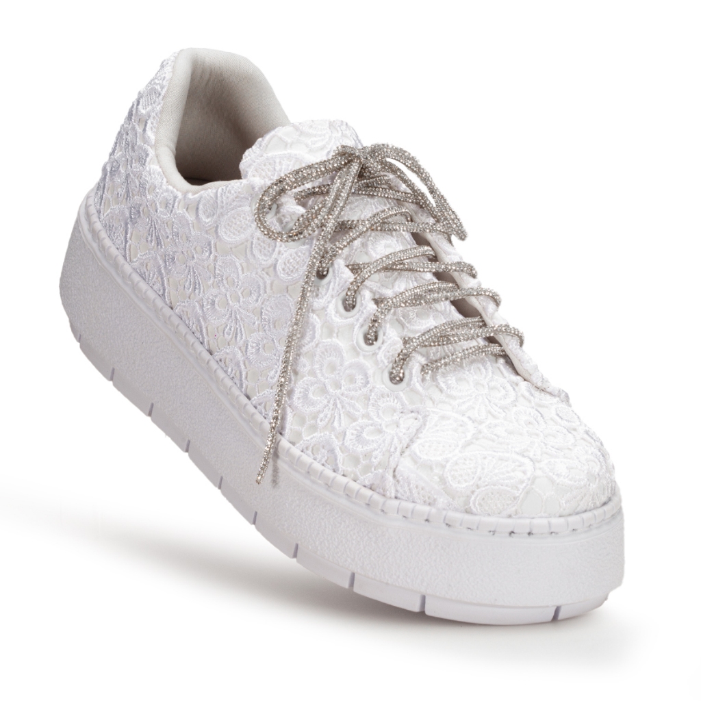 Tênis Noiva Branco Festas Sapato Fomatura Em Renda  e Strass Casamento Plataforma Alta em Oferta na Shopee