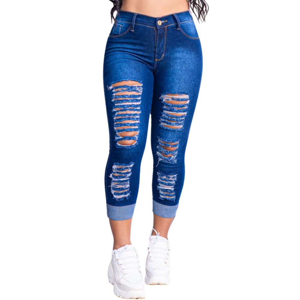Calça Capri Jeans Feminina Skynnt Barra do Avesso Com Lycra Rasgada Empina Bumbum em Oferta na Shopee