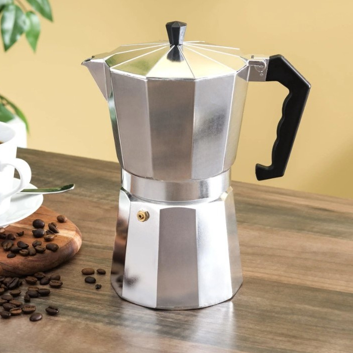 Cafeteira Italiana Moka 6/9 Xícaras Inox Alumínio Premium Gourmet c/ Cabo Baquelite Sem Filtro p/ Café Expresso Manual