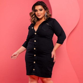 Vestido Feminino Jeans Plus Size Com Lycra, Detalhe De Botões Frontal, RVT