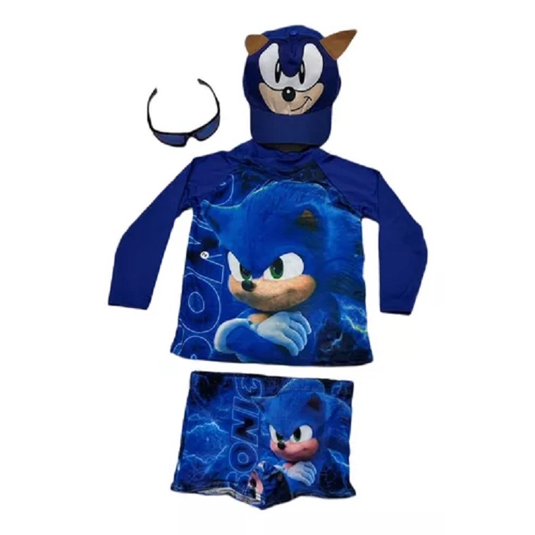 Conjunto Praia menino Sonic com acessórios chapéu e óculos envio já . em Oferta na Shopee