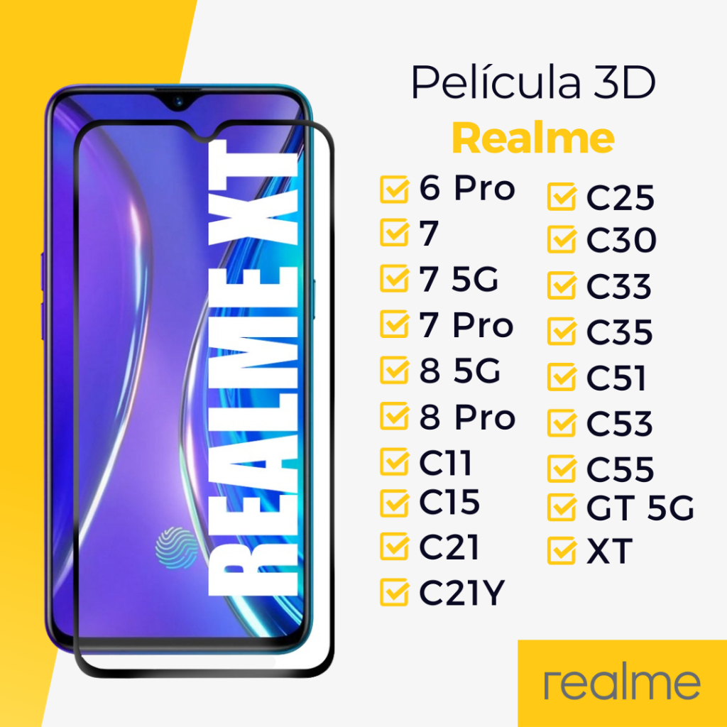 Película 3D Para Realme - 6 Pro / 7 / 7 5G / 7 Pro / 8 5G / 8 Pro / C11 / C15 / C21 / C21Y / C25 / C33 / C35 / C53 / C55 / C67 / GT 5G / XT / N53 / Note 50 - Vidro Frontal ( Protetor de Tela ) em Oferta na Shopee