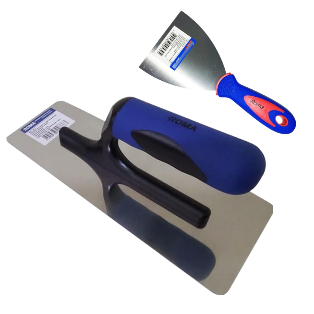 Kit Desempenadeira  + Espátula Aço Inox Cabo Emborrachado Efeito Liso Para Massa e Cimento Queimado