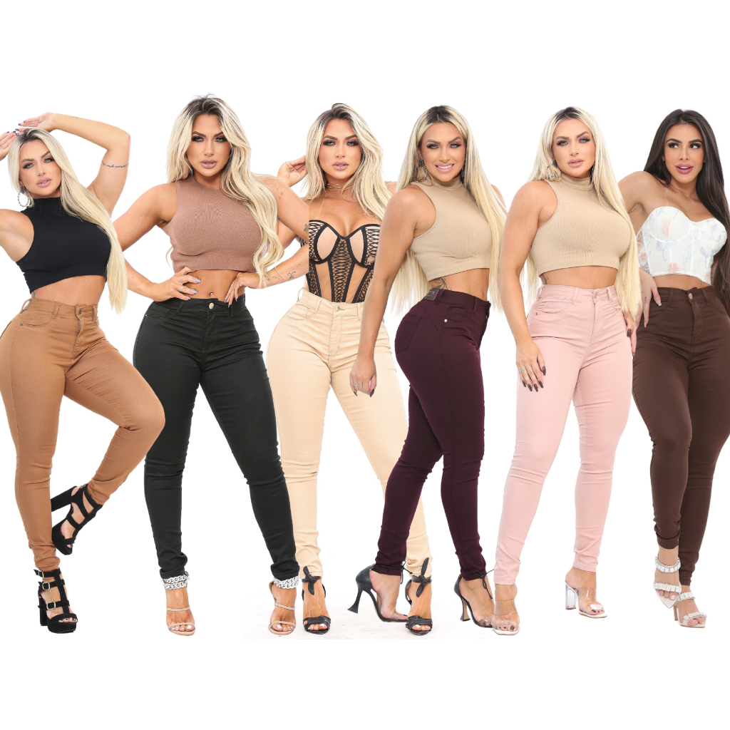 Calça Jeans Skinny Colors C/ Lycra Elastano Levanta Bumbum Cintura Alta Colorida Sarja