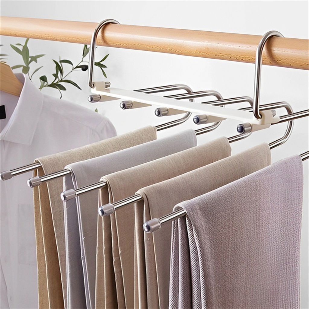 Kit 3 Cabides 5 em 1 Retrátil Multifuncional em Aço Inoxidável p/ Calças e Organização