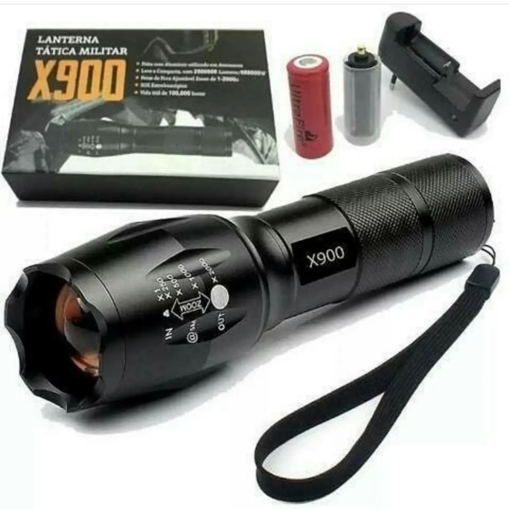 Lanterna Led X900 com Bateria Recarregável Tática Policial Militar com Zoom Sinalizador Luz Camping