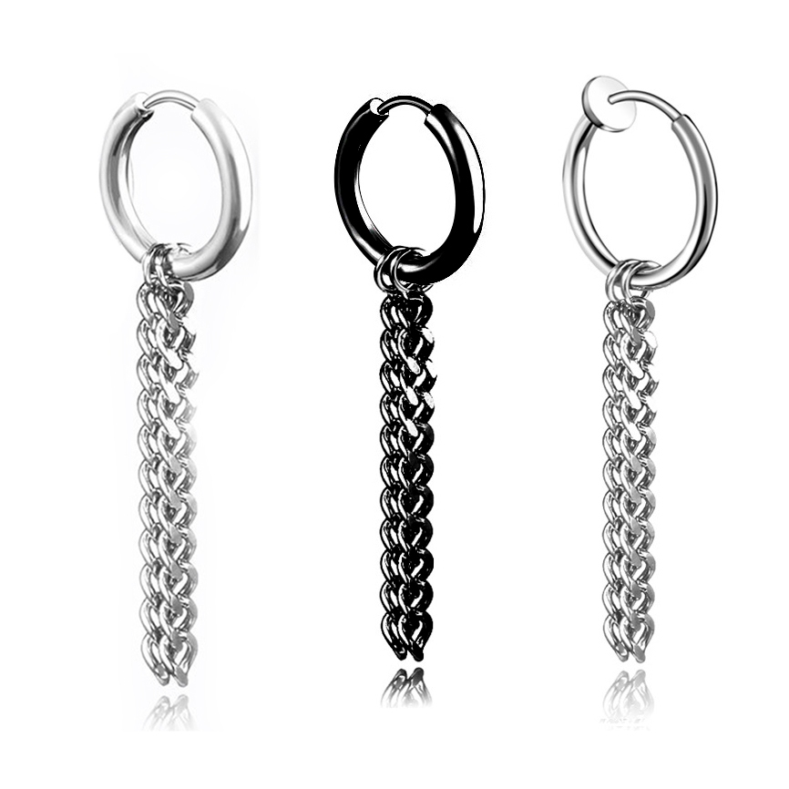 brinco de pressão argola com correntinha masculino feminino não precisar furo em aço inox com corrente prata prateado