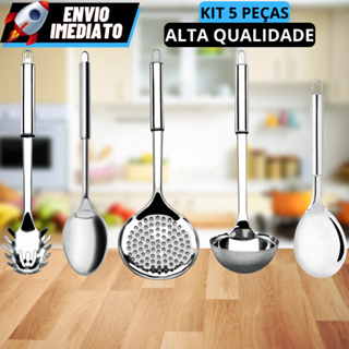 Kit Utensílios Para Cozinha 5 Peças Aço Inox Colher De Arroz Escumadeira Concha em Oferta na Shopee