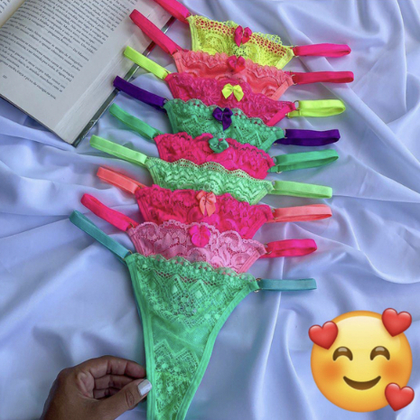 Kit 3 Calcinhas Fio Dental Renda Neon Bicolor Sensual Regulagem Lateral Tanga Sexy Tirinhas