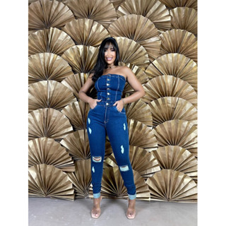 MACACÃO LONGO FEMININO JEANS TOMARA QUE CAIA SLIM