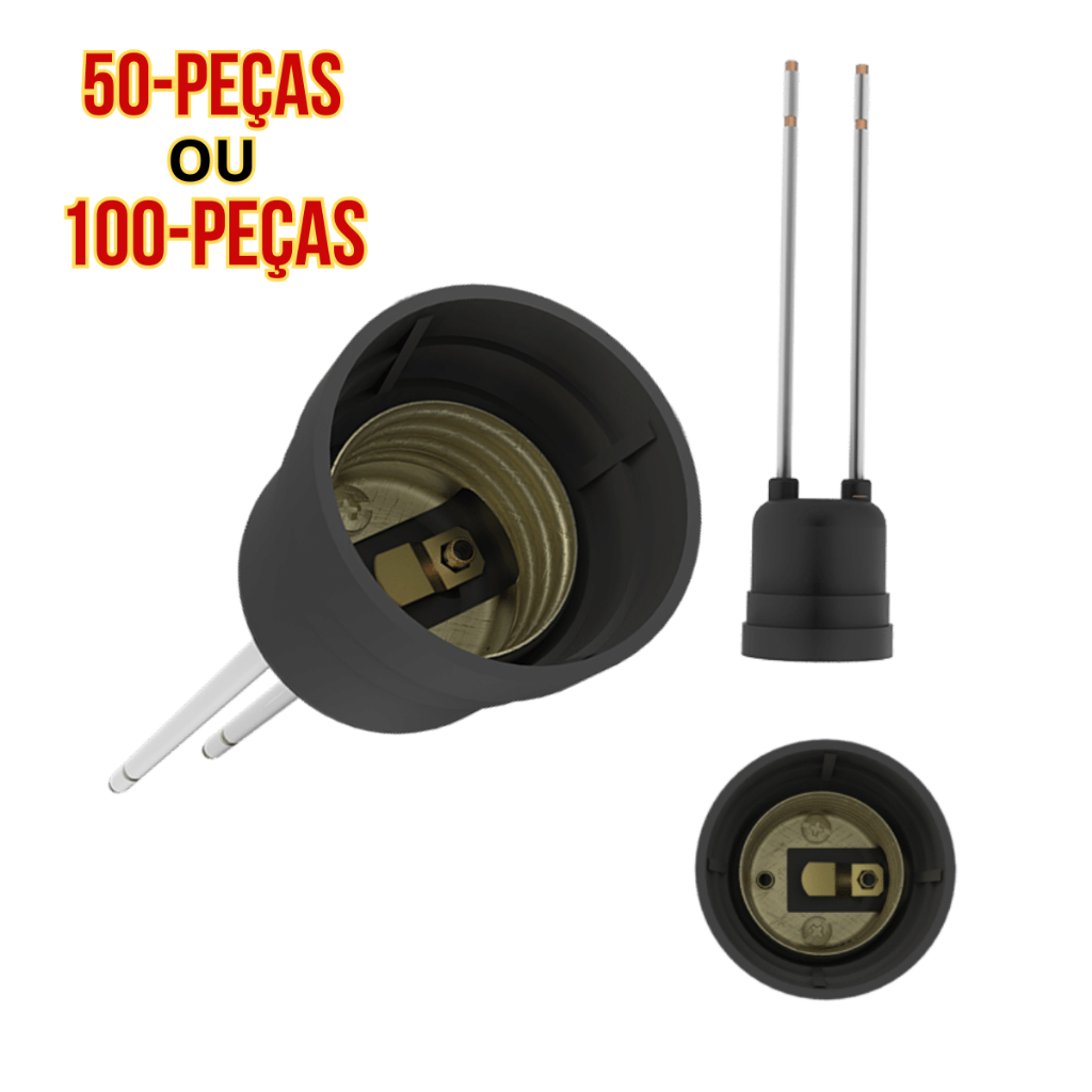 Soquete com Rabicho Plástico E-27 Preto Tomada Fiação Kit Com 50 ou 100 Peças Porta Lâmpada Enerbras