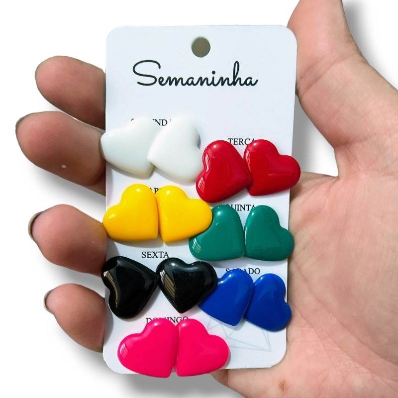 Brincos Femininos Coração De Resina Cartela Semaninha 7 Pares Sortidos