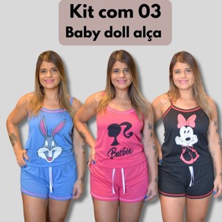 Kit 3 Baby Doll Short Doll Confort Verão Alcinha Estampas Variadas Revenda personagens