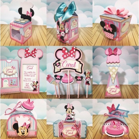 Kit de caixinhas personalizadas, milk, cone e sushi, lembrancinhas, decoração de festa aniversário Minnie confeiteira