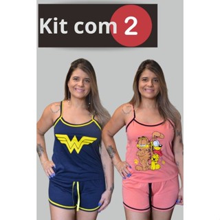 Kit 2 Baby Dolls Short Doll Verão Alcinha em Malha Estampas Sortidas Personagens