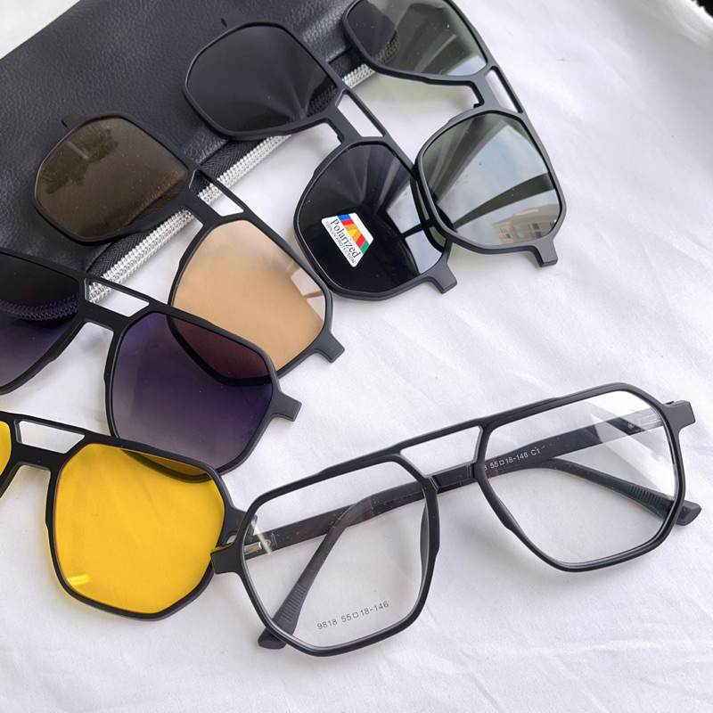 Armação de Óculos Masculino Clipon 5 Lentes Grau + Solar Tamanho Grande /Social Lentes Polarizada 9818