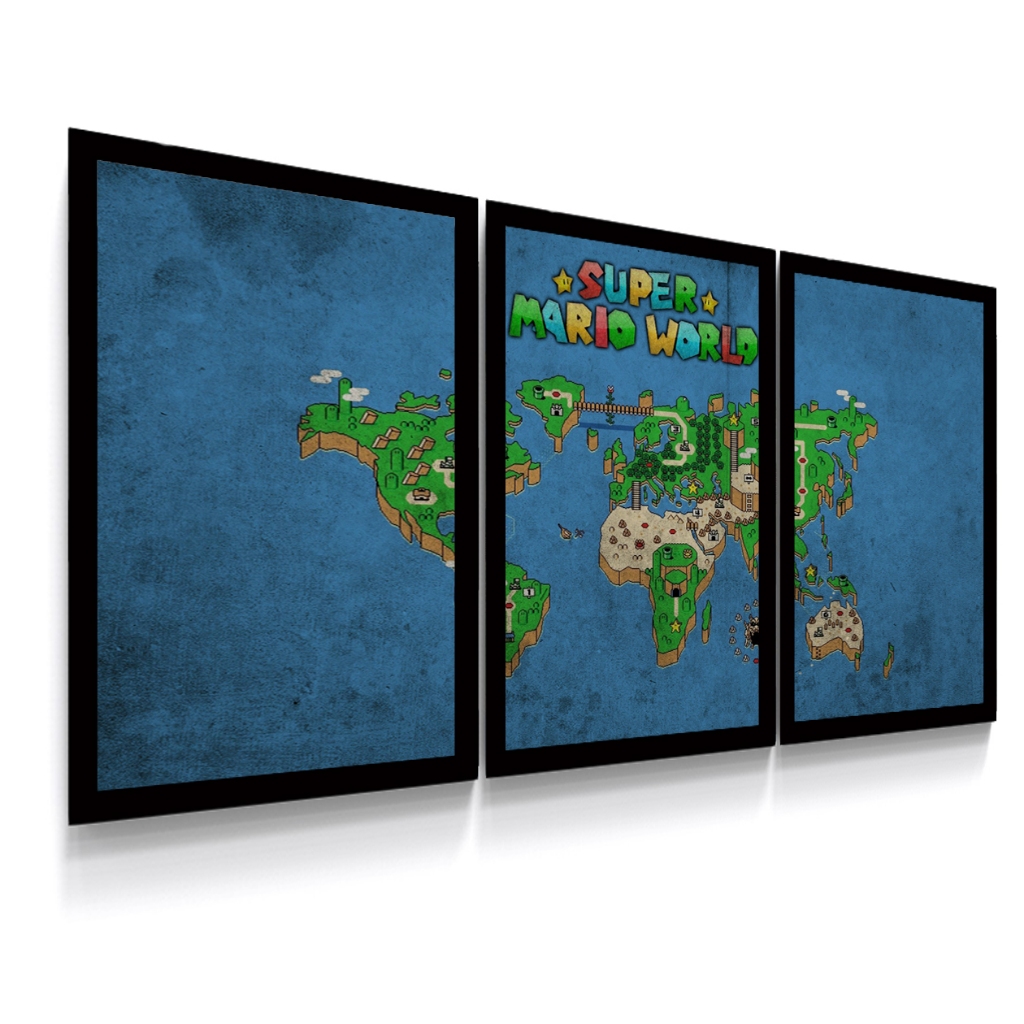 Conjunto 3 Quadros Decorativos Poster Mapa Super Mario World Super Nintendo Nes Tamanho 42 x 90 cm