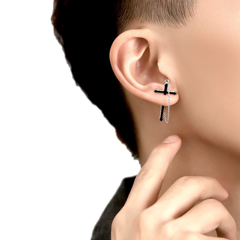 Brinco Masculino Cruz Corrente Preto Minimalista Aço Inox Rock Motoqueiro em Oferta na Shopee