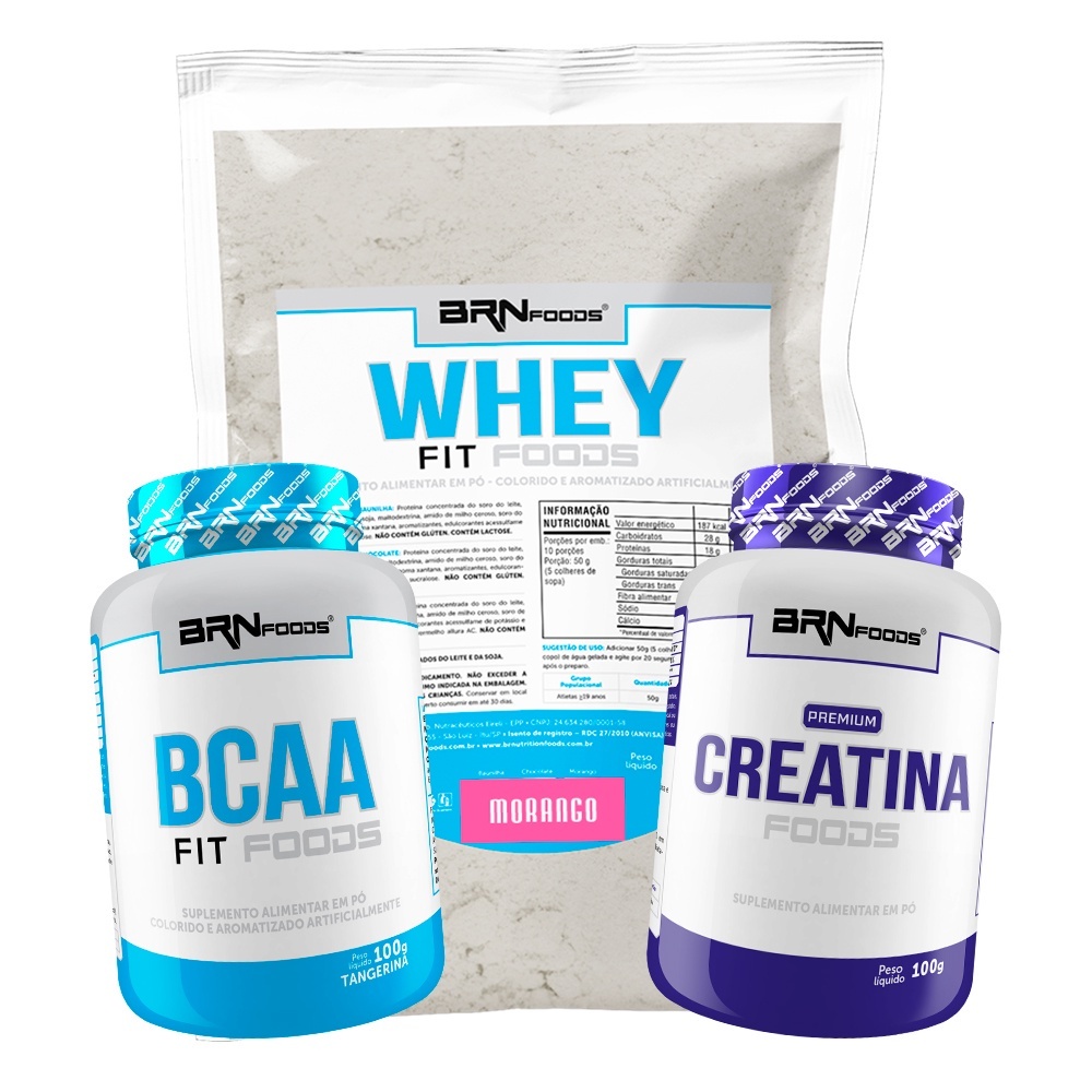 KIT Whey Protein Fit Foods Blend 500g Refil, BCAA Fit Sabor Tangerina 100g, PREMIUM Creatina 100g - BRN Foods - Kit para aumento de massa muscular e força