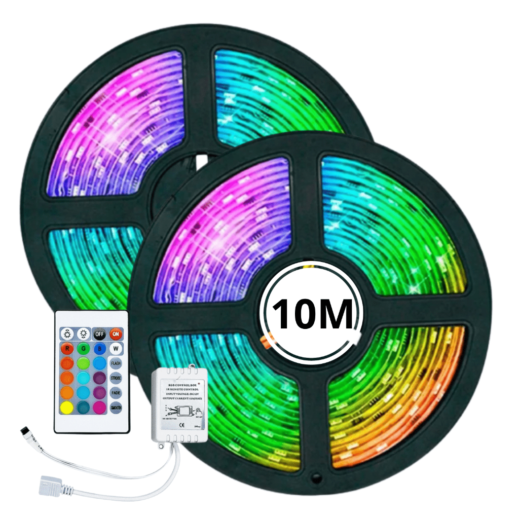 Fita Led Ultra Rgb 5050 10 Metros Com Controle e Controloradora Rolo 16 Cores Colorida 300 Leds