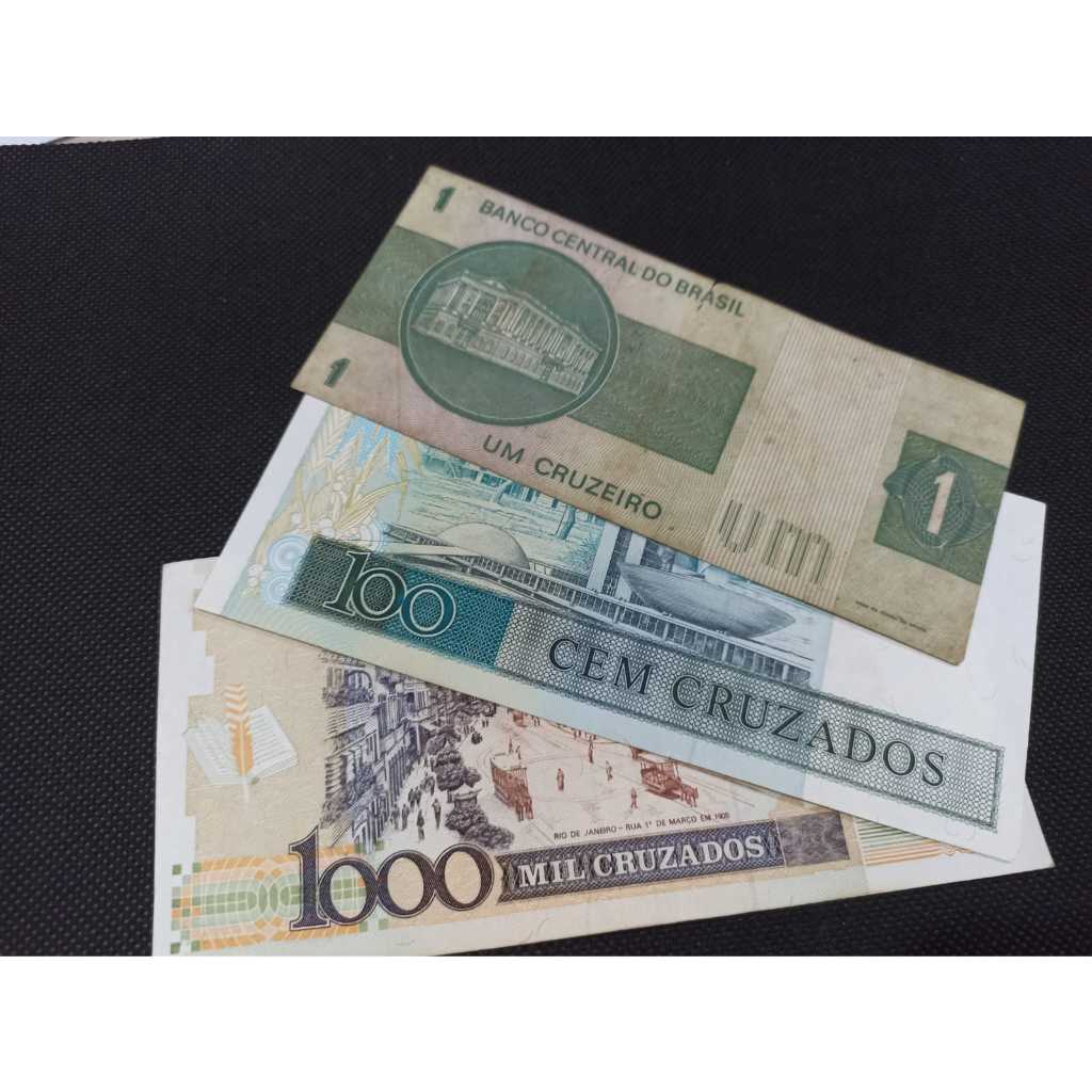 Trio de cédulas mil cruzados com carimbo de 1 cruzado novo, 100 cruzados ,1 cruzeiro